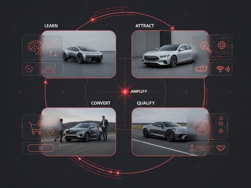 A diagram showing a flywheel with the stages: Attract, Qualify, Convert, Learn, and Amplify.